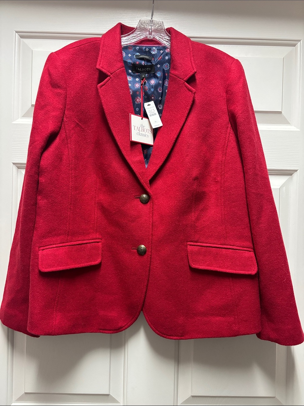 Talbots Aberdeen cranberry Red Notch Collar Tailored Classic Wool Blazer 14